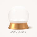 Snowglobe with golden stand. Realistic christmas decoration.